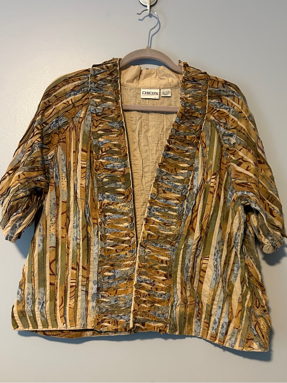Chico's Striped Ruffled Open Front Jacket - Olive, Blue & Cream. size 2